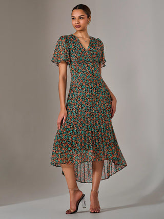 Charlotte Pleated Chiffon Midaxi Dress, Black Multi