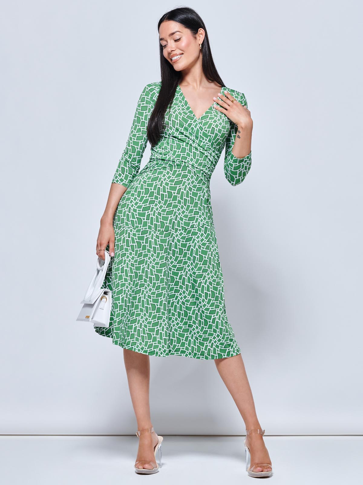 Willa Geometric Print Jersey Dress, Green Geo
