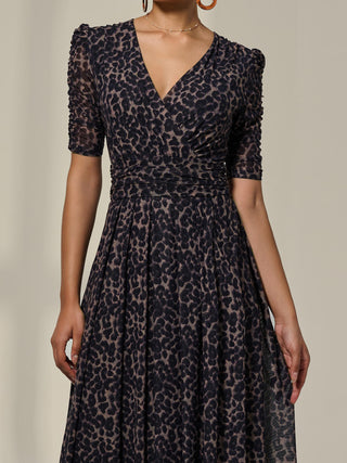 Ruched Sleeve Mesh Dress, Brown Leopard