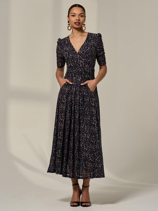Ruched Sleeve Mesh Dress, Brown Leopard