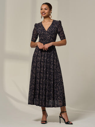 Ruched Sleeve Mesh Dress, Brown Leopard