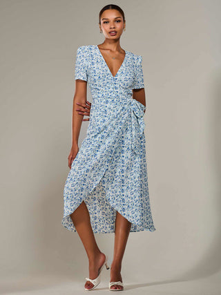 Faux Wrap Midaxi Dress, Blue Floral