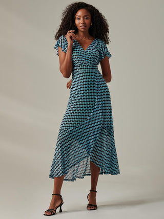 Geo Print Ruffle Hem Mesh Maxi Dress, Blue Geo