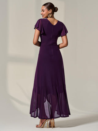 plain dark purple dress V-Neck Long Sequin Prom Dress with Lace-Up Back Royal / 4