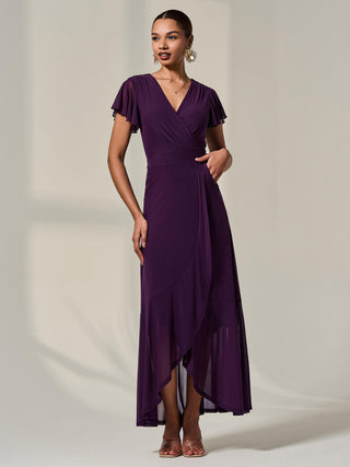Plain Wrap Mesh Maxi Dress, Dark Purple