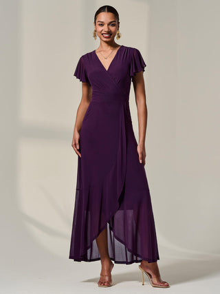Plain Wrap Mesh Maxi Dress, Dark Purple