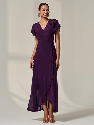 Plain Wrap Mesh Maxi Dress, Dark Purple