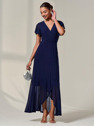 Plain Wrap Mesh Maxi Dress, Navy