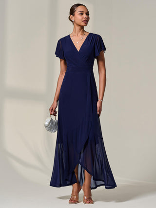 Plain Wrap Mesh Maxi Dress, Navy
