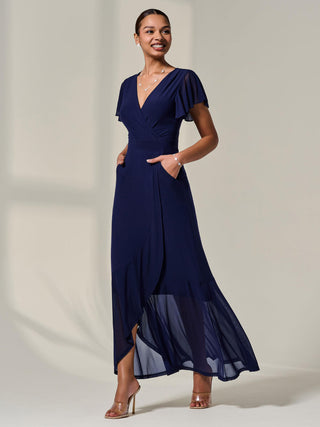 Plain Wrap Mesh Maxi Dress, Navy