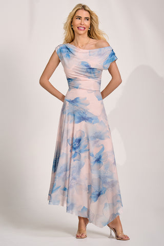 Asymmetric Draped Mesh Maxi Dress, Blue Floral