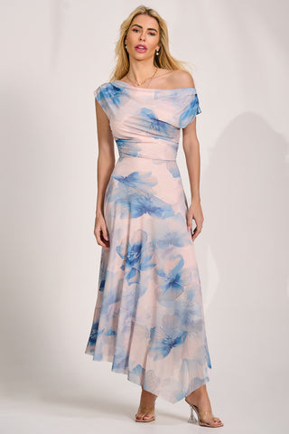Asymmetric Draped Mesh Maxi Dress, Blue Floral