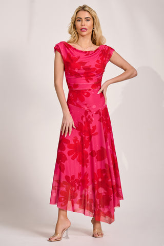 Asymmetric Draped Mesh Maxi Dress, Red Floral