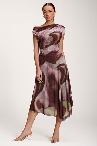 Asymmetric Draped Mesh Dress, Brown Multi