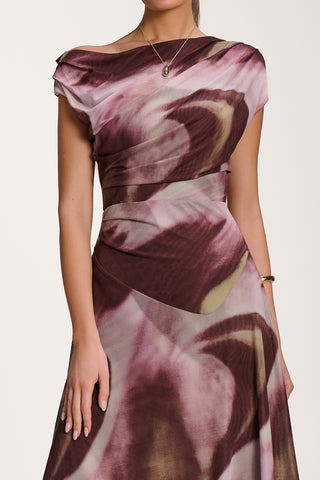 Asymmetric Draped Mesh Dress, Brown Multi