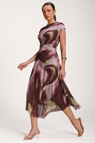 Asymmetric Draped Mesh Dress, Brown Multi