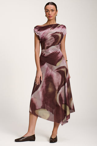 Asymmetric Draped Mesh Dress, Brown Multi