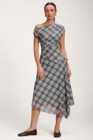 Asymmetric Draped Mesh Dress, Blue Check