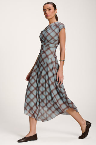 Asymmetric Draped Mesh Dress, Blue Check