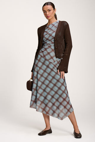 Asymmetric Draped Mesh Dress, Blue Check