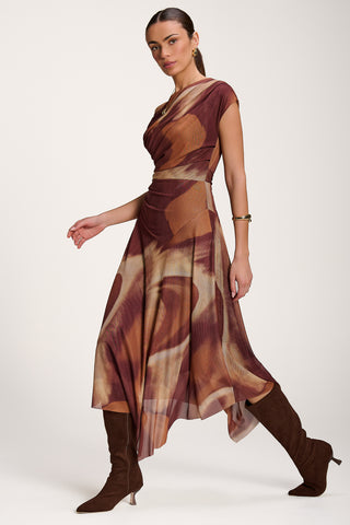 Asymmetric Draped Mesh Dress, Brown Abstract