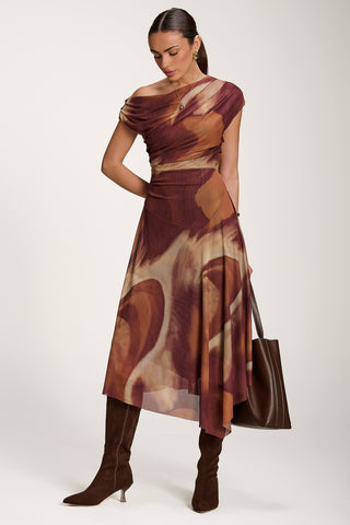 Asymmetric Draped Mesh Dress, Brown Abstract