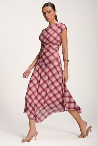 Asymmetric Draped Mesh Dress, Pink Check