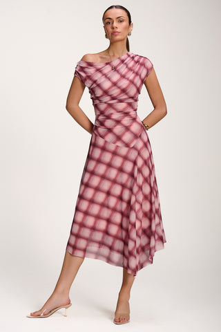 Asymmetric Draped Mesh Dress, Pink Check