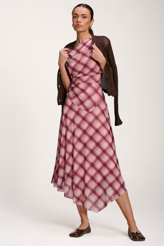 Asymmetric Draped Mesh Dress, Pink Check
