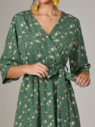 Tie Front Half Sleeve Midi Dress, Green Floral