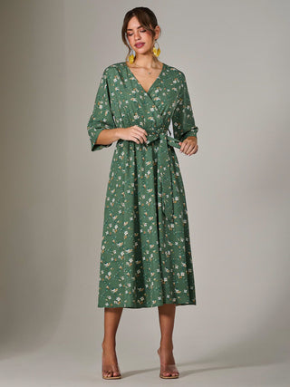 Tie Front Half Sleeve Midi Dress, Green Floral