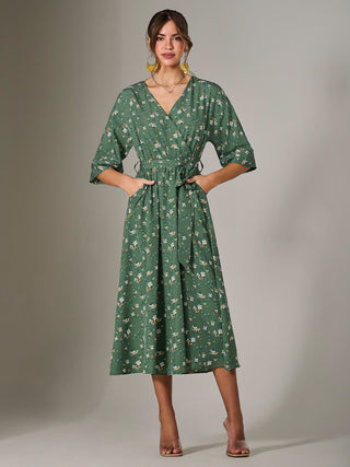 Tie Front Half Sleeve Midi Dress, Green Floral