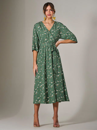 Tie Front Half Sleeve Midi Dress, Green Floral