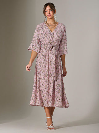 Tie Front Half Sleeve Midi Dress, Pink Floral