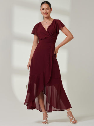 Vicky Chiffon Frill Maxi Dress, Burgundy