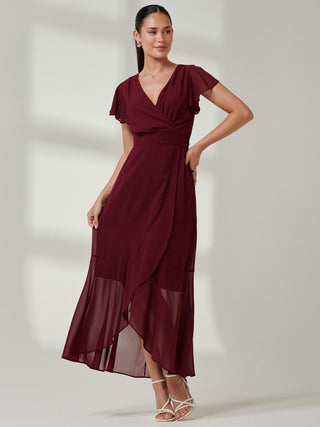 Vicky Chiffon Frill Maxi Dress, Burgundy