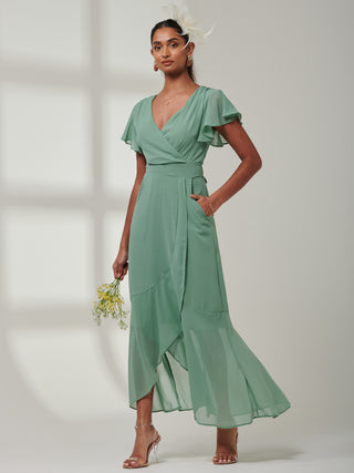 Vicky Chiffon Frill Maxi Dress, Green