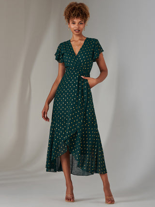 Metallic Spot Textured Chiffon Maxi Dress, Dark Green Jolie Moi Wholesale Metallic Spot Textured Chiffon Maxi Dress, Dark Green Jolie Moi Wholesale