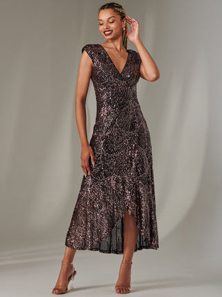 Sequin Ruffle Hem Maxi Dress, Black Rose Gold Jolie Moi Wholesale Sequin Ruffle Hem Maxi Dress, Black Rose Gold Jolie Moi Wholesale