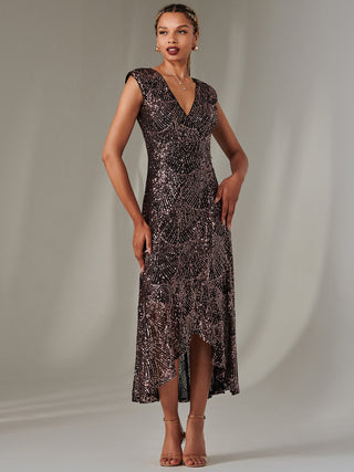 Sequin Ruffle Hem Maxi Dress, Black Rose Gold Jolie Moi Wholesale Sequin Ruffle Hem Maxi Dress, Black Rose Gold Jolie Moi Wholesale