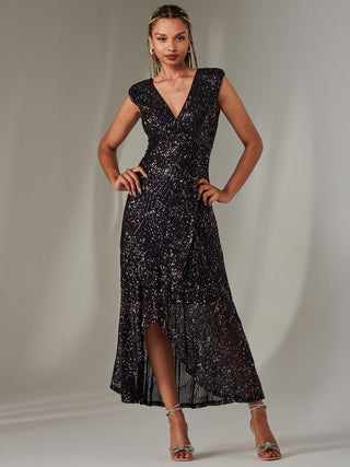 Sequin Ruffle Hem Maxi Dress, Navy Multi