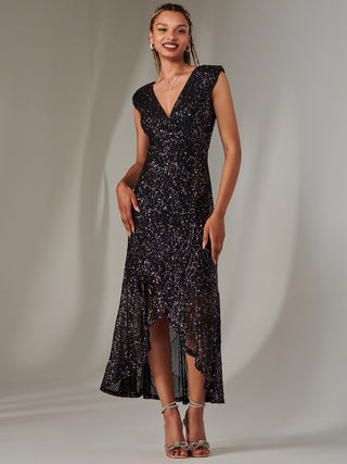 Sequin Ruffle Hem Maxi Dress, Navy Multi