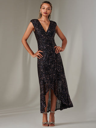 Sequin Ruffle Hem Maxi Dress, Navy Multi