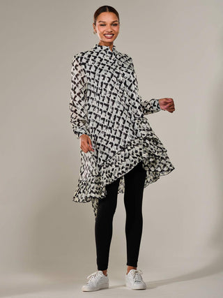 Dipped Hem Shirt Midi Dress, Black Geo