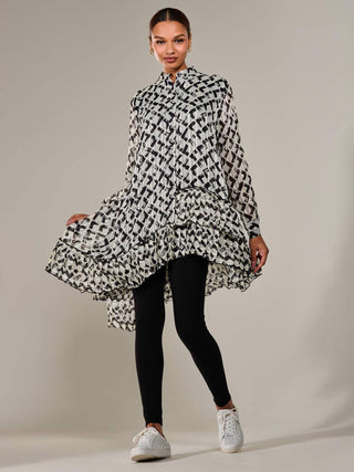 Dipped Hem Shirt Midi Dress, Black Geo