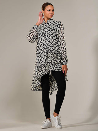 Dipped Hem Shirt Midi Dress, Black Geo