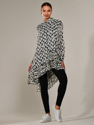 Dipped Hem Shirt Midi Dress, Black Geo
