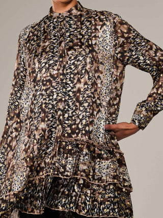 Dipped Hem Shirt Midi Dress, Brown Animal