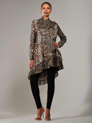 Dipped Hem Shirt Midi Dress, Brown Animal