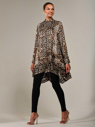 Dipped Hem Shirt Midi Dress, Brown Animal